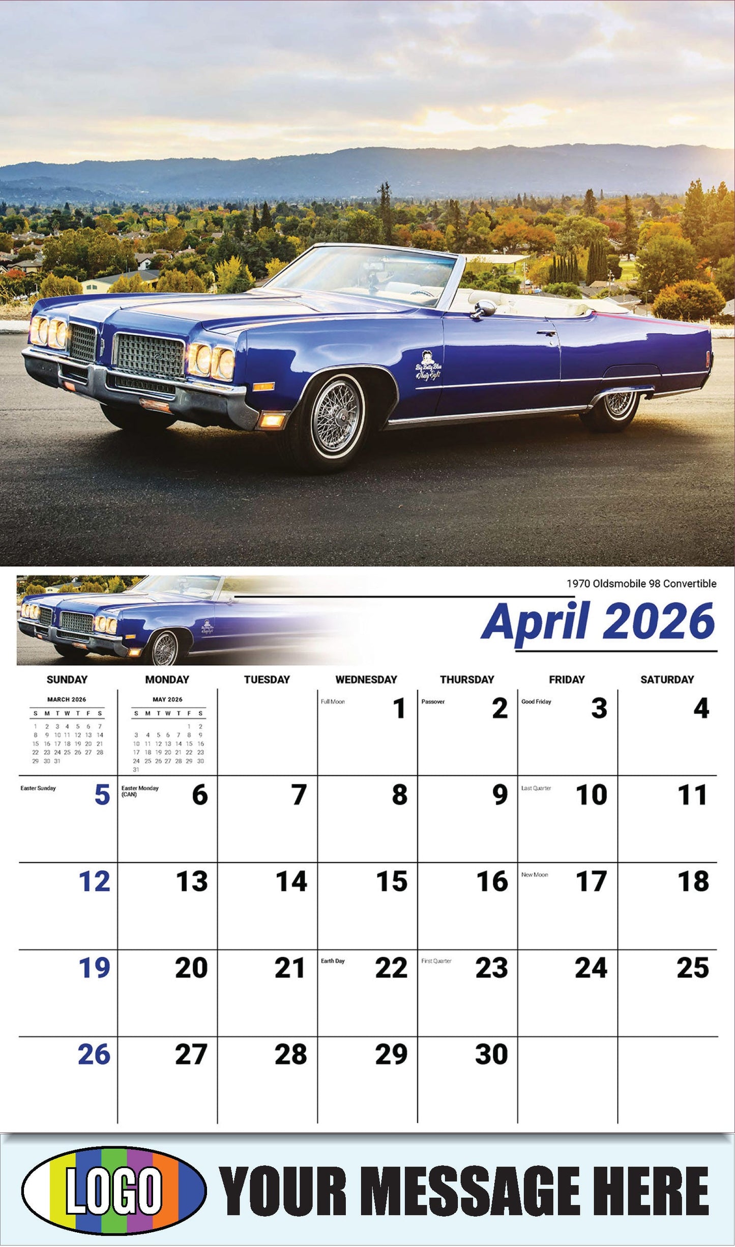 2026 Business Advertising Calendar - GM Classics - 1970 Oldsmobile 98 Convertible - April