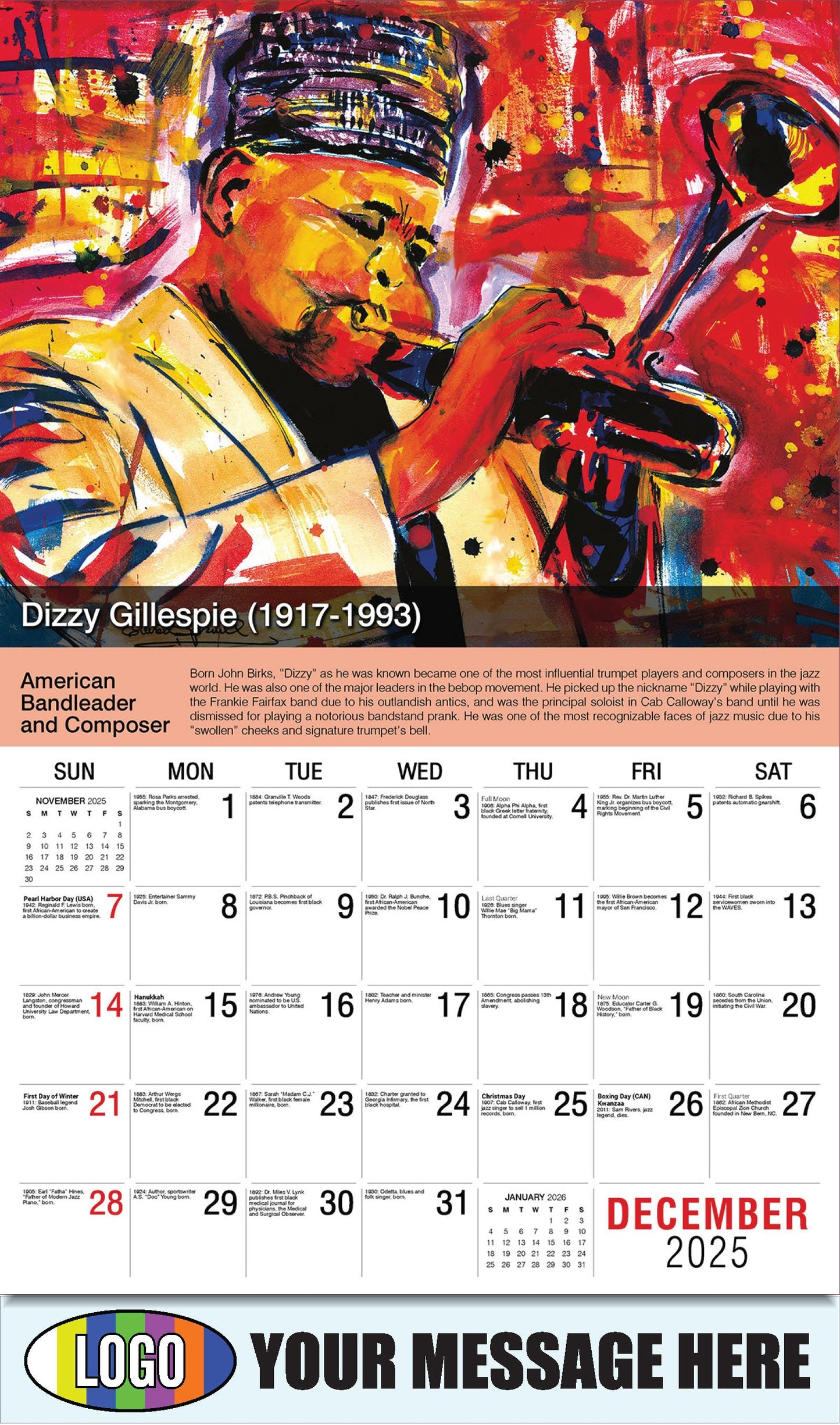 2026 Business Promotional Calendar - Black History - Dizzy Gillespie by Everett Spruill - December_a