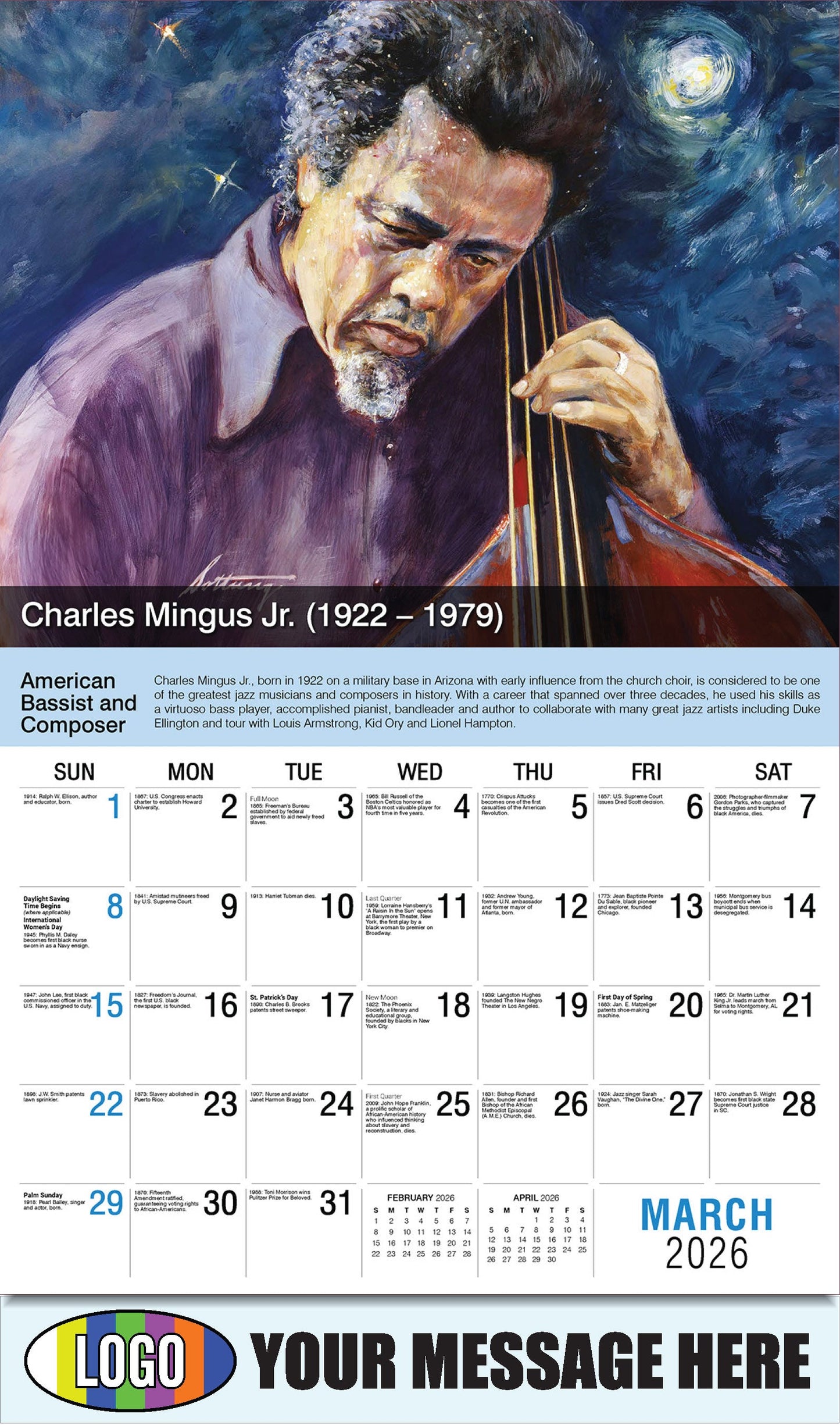 2026 Business Promotional Calendar - Black History - Charles Mingus by George Sottung - March