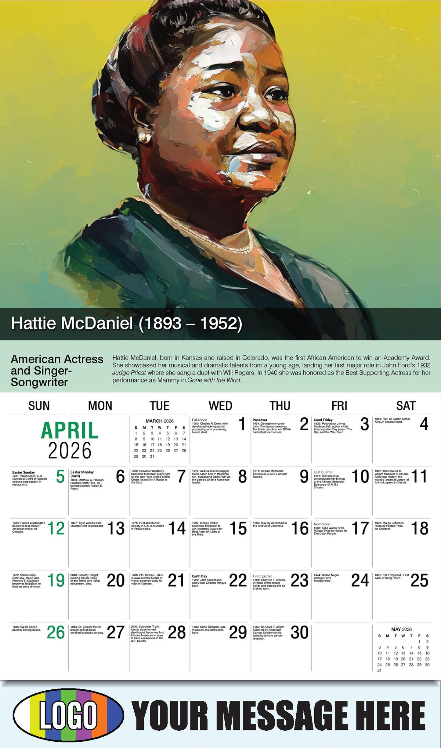 2026 Business Advertising Calendar - Black History - Hattie McDaniel by Happy Sloth - April