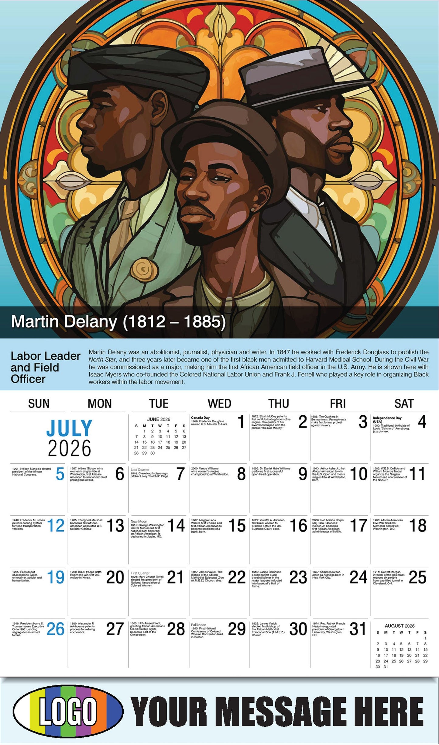 2026 Business Promo Calendar - Black History - Isaac Myers, Martin Delany, Frank Ferrell by Happy Sloth - July