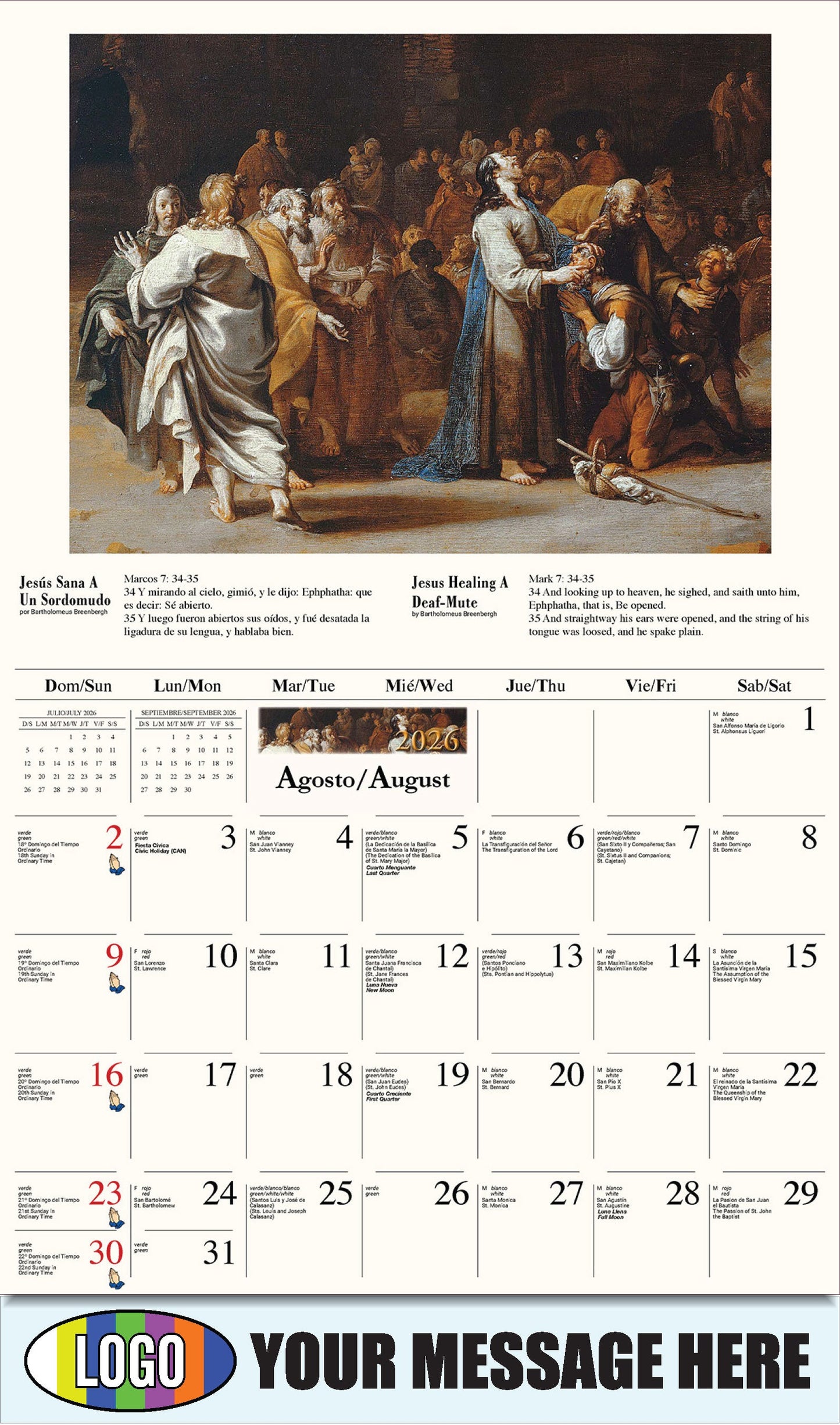 2026 Business Promo Calendar - Catholic Inspirations bilingual - Jesús sana a un sordomudo por Bartholomeus Breenbergh
Jesus Healing a Deaf-Mute by Bartholomeus Breenbergh - August