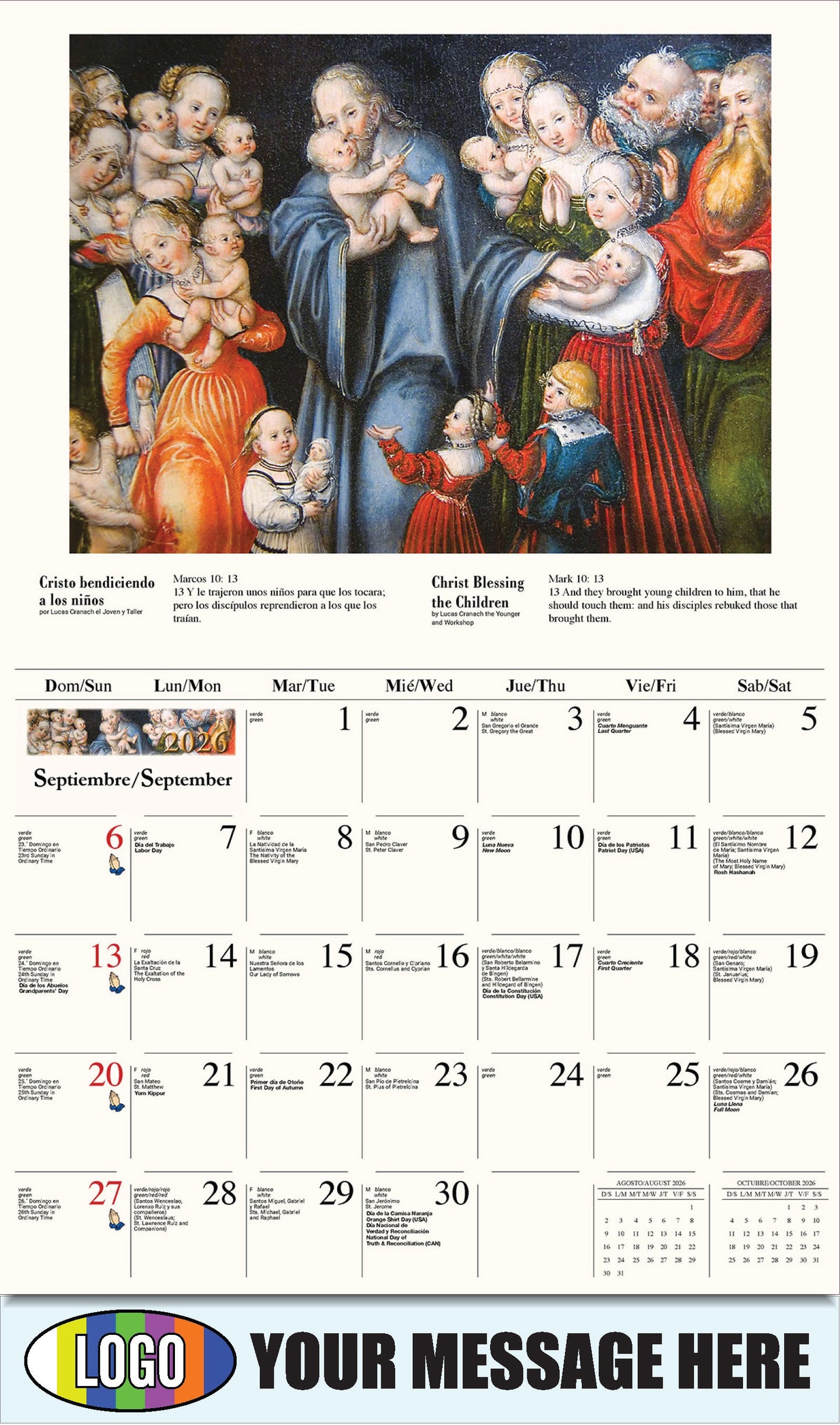 2026 Business Promo Calendar - Catholic Inspirations bilingual - Cristo bendiciendo a los niños de Lucas Cranach el Joven y Taller
Christ Blessing the Children by Lucas Cranach the Younger and Workshop - September