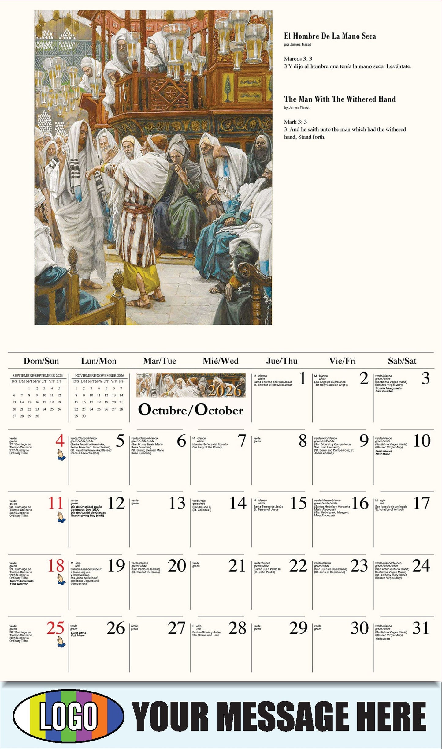 2026 Business Promotion Calendar - Catholic Inspirations bilingual - El hombre de la mano seca de James Tissot
The Man With The Withered Hand by James Tissot - October