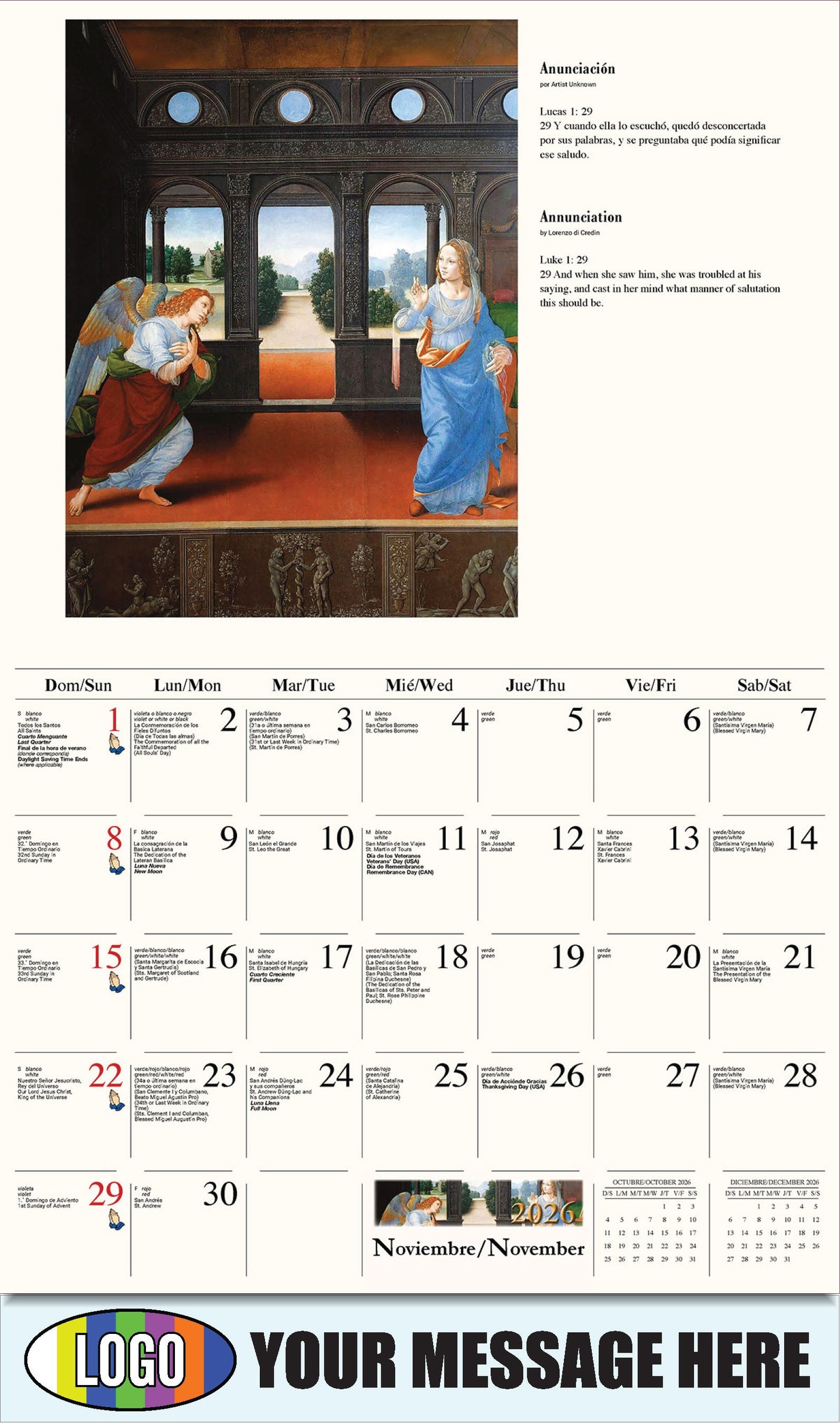 2026 Business Promotion Calendar - Catholic Inspirations bilingual - Anunciación de Lorenzo di Credi
Annunciation by Lorenzo di Credi - November