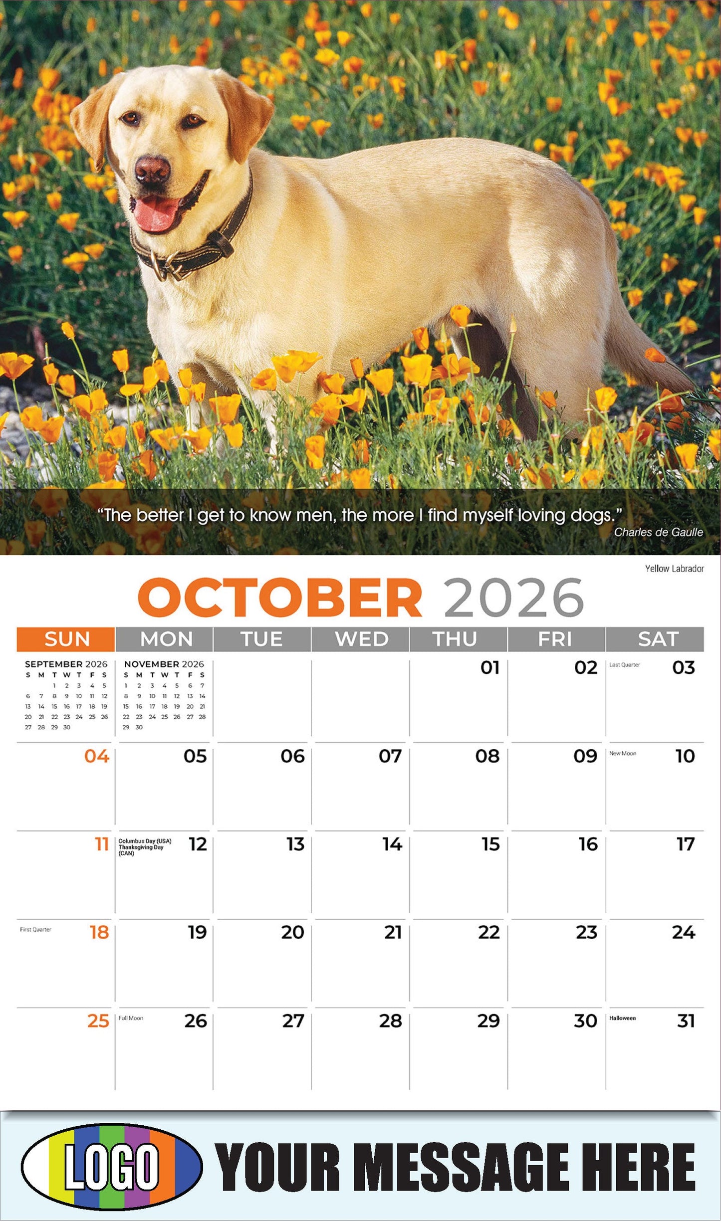2026 Business Promotion Calendar - Dogs - October - Yellow Labrador