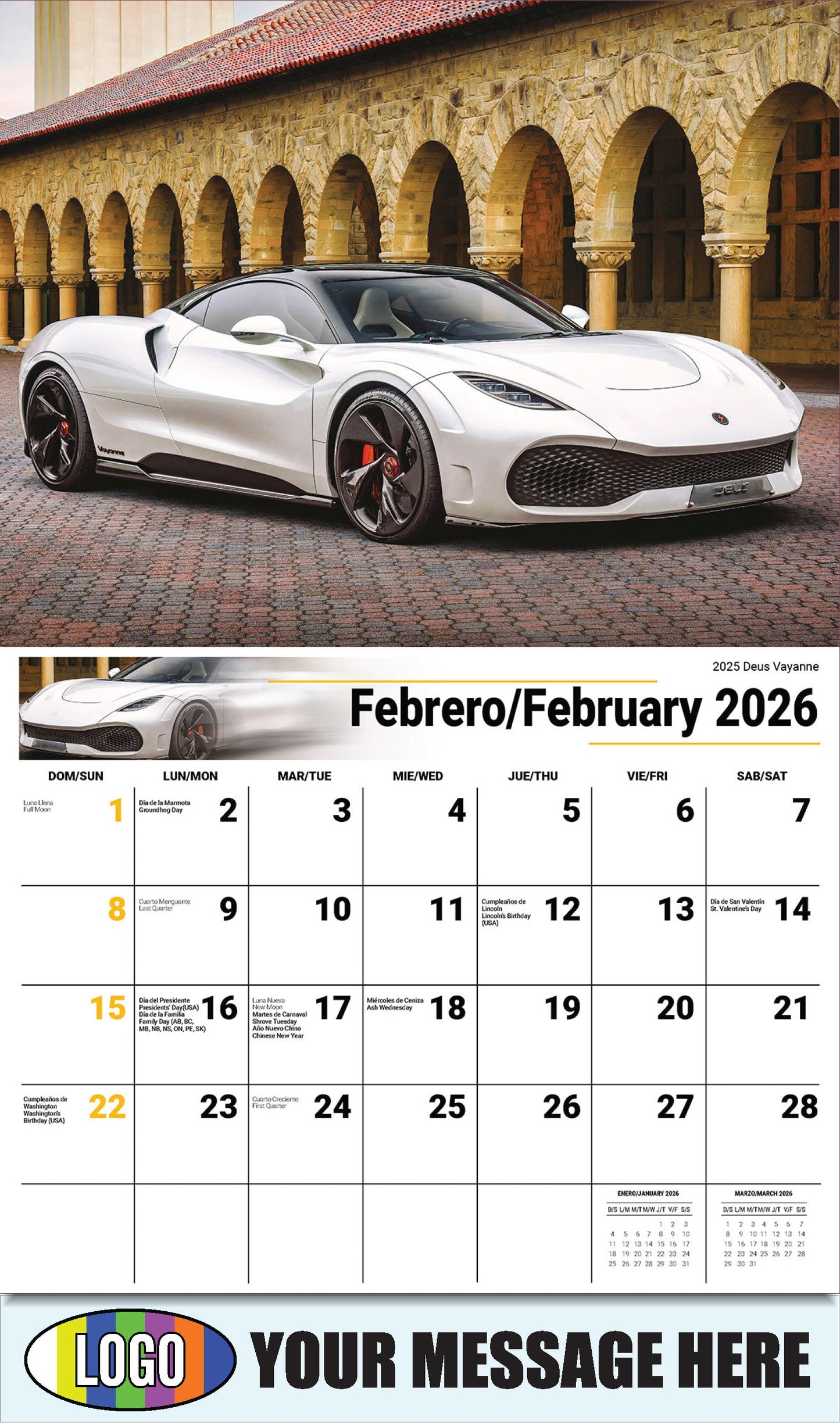 2026 Business Promotional Calendar - Exotic Cars Bilingual - February - 2025 Deus Vayanne