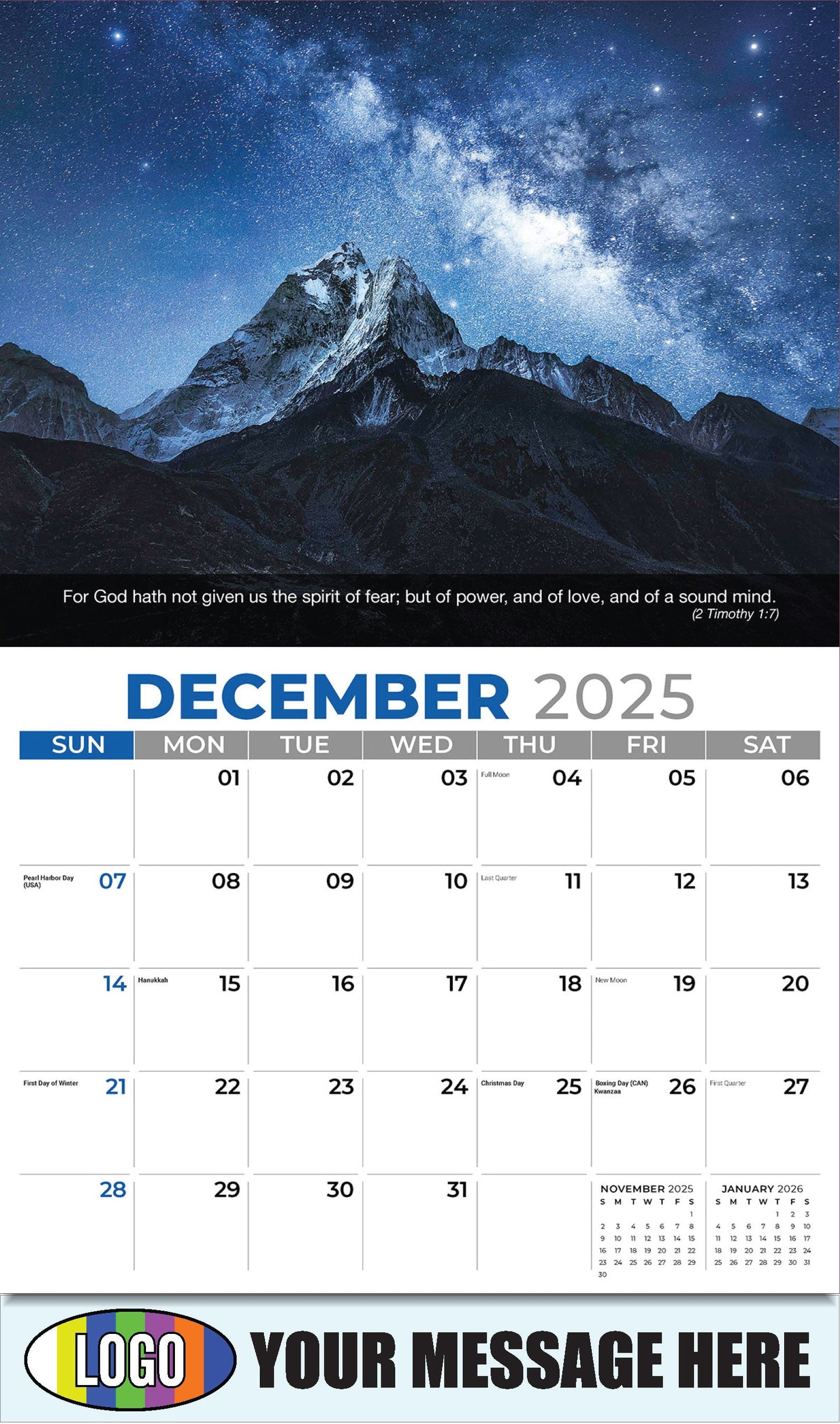 2026 Business Promotional Calendar - Faith Passages - December_a - (2 Timothy l:7)
