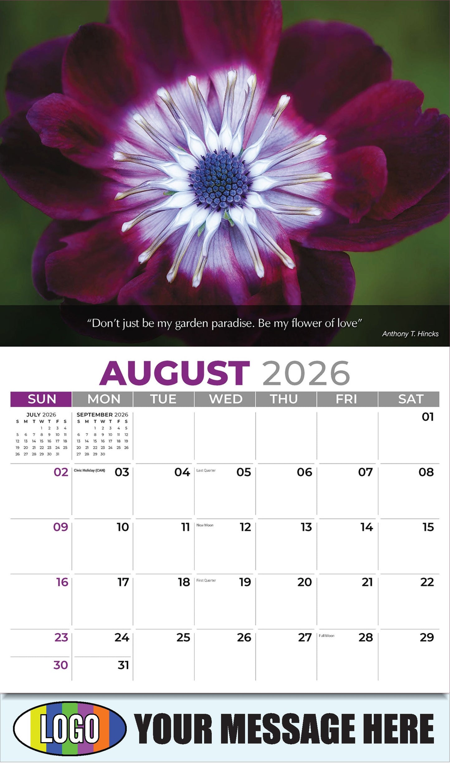 2026 Business Promo Calendar - Flowers and Gardens - August