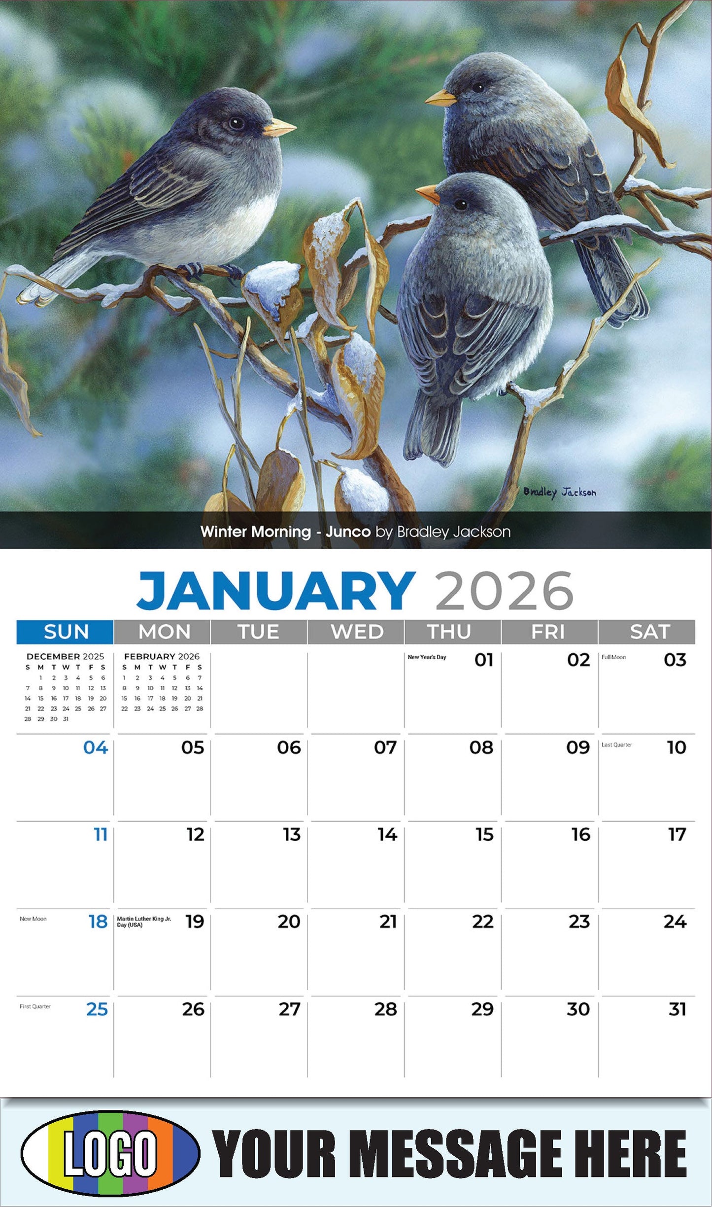 2026 Business Promotional Calendar - Garden Birds - Winter Morning - Junco by Bradley Jackson - January
