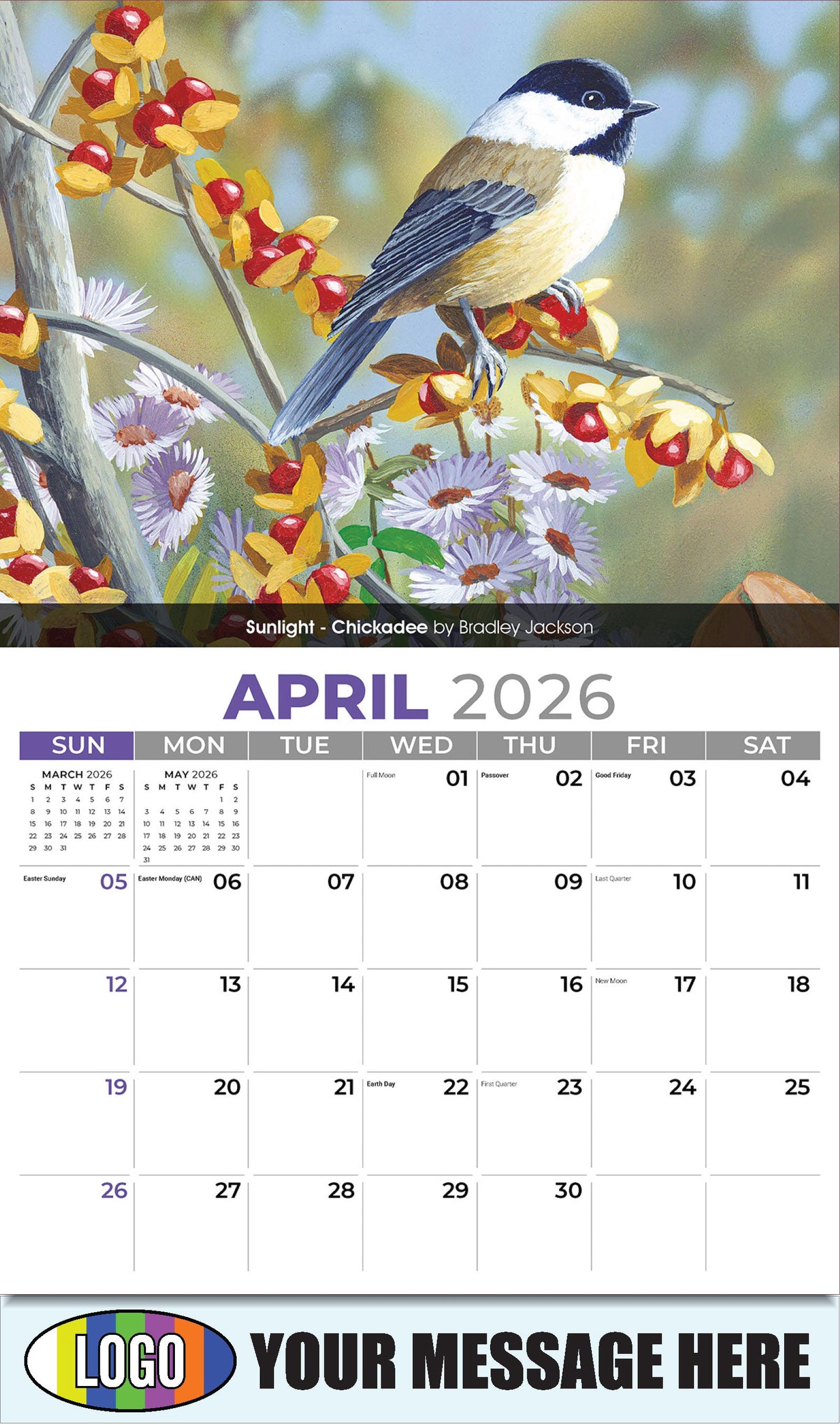 2026 Business Advertising Calendar - Garden Birds - Sunlight - Chickadee by Bradley Jackson - April