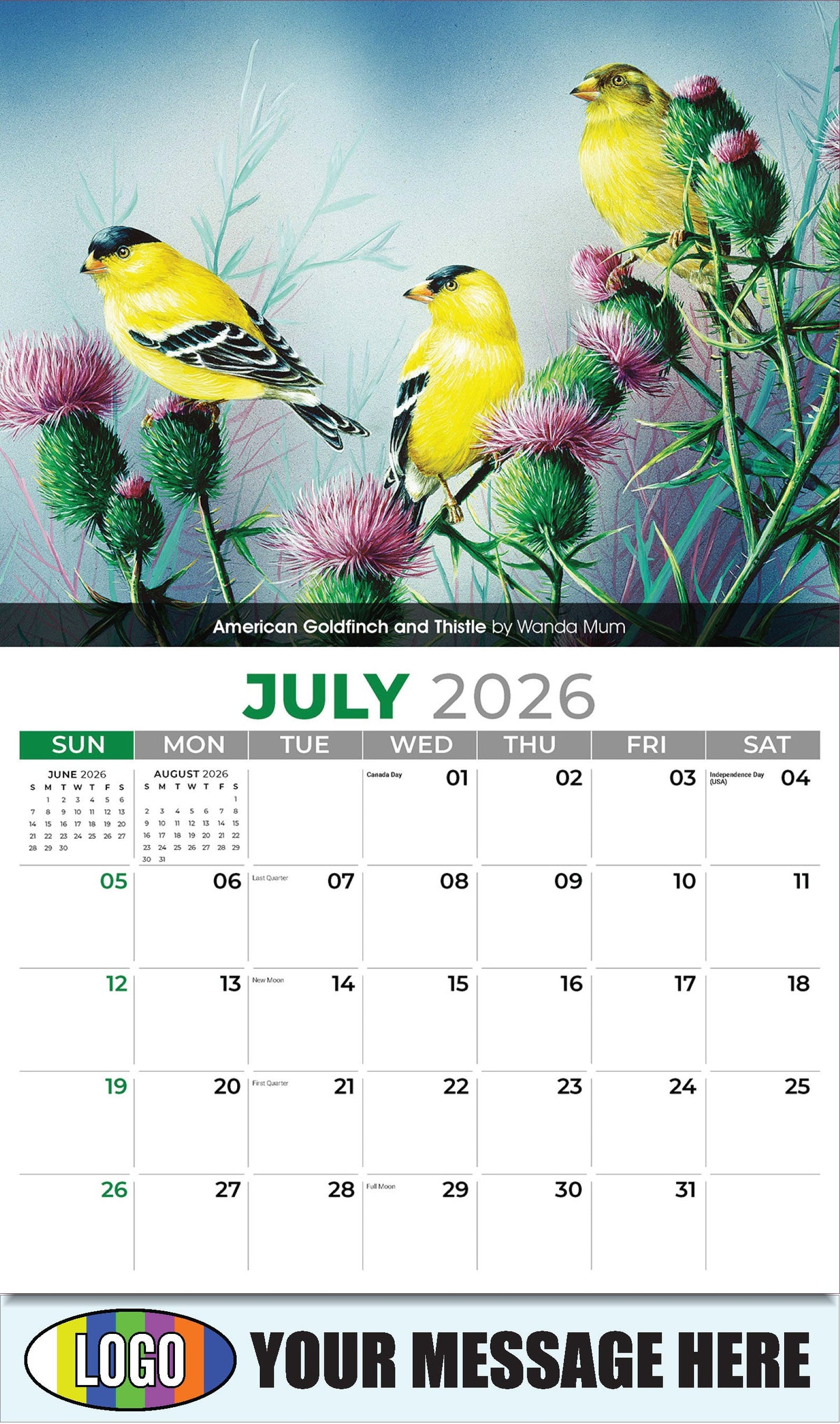 2026 Business Promo Calendar - Garden Birds - American Goldfinch and Thistle by Wanda Mum - July