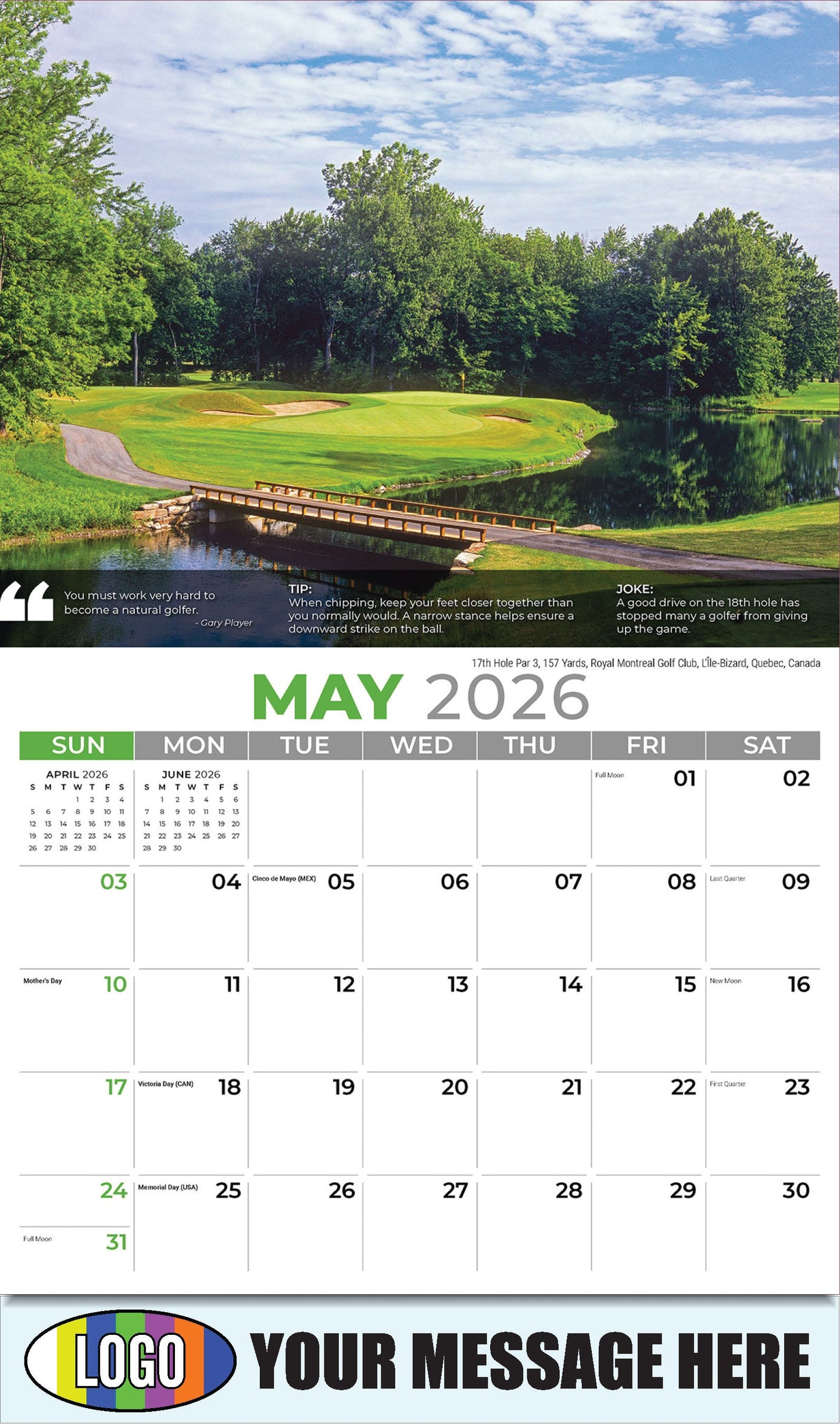 2026 Business Advertising Calendar - 17th Hole Par 3, 157 Yards, Royal Montreal Golf Club, L'Île-Bizard, Quebec, Canada - May