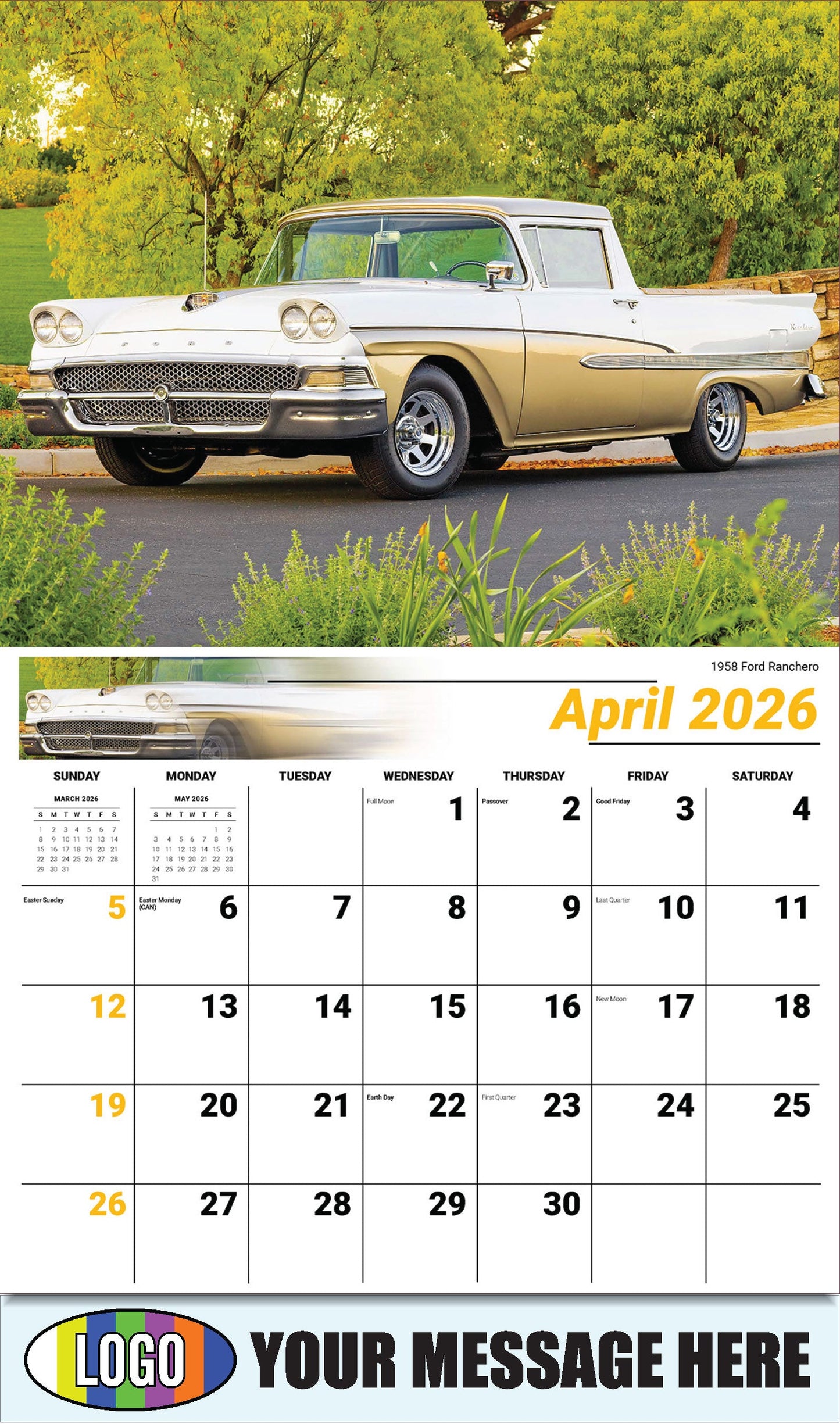2026 Business Advertising Calendar - Henry's Heritage FORD Cars - 1958 Ford Ranchero - April
