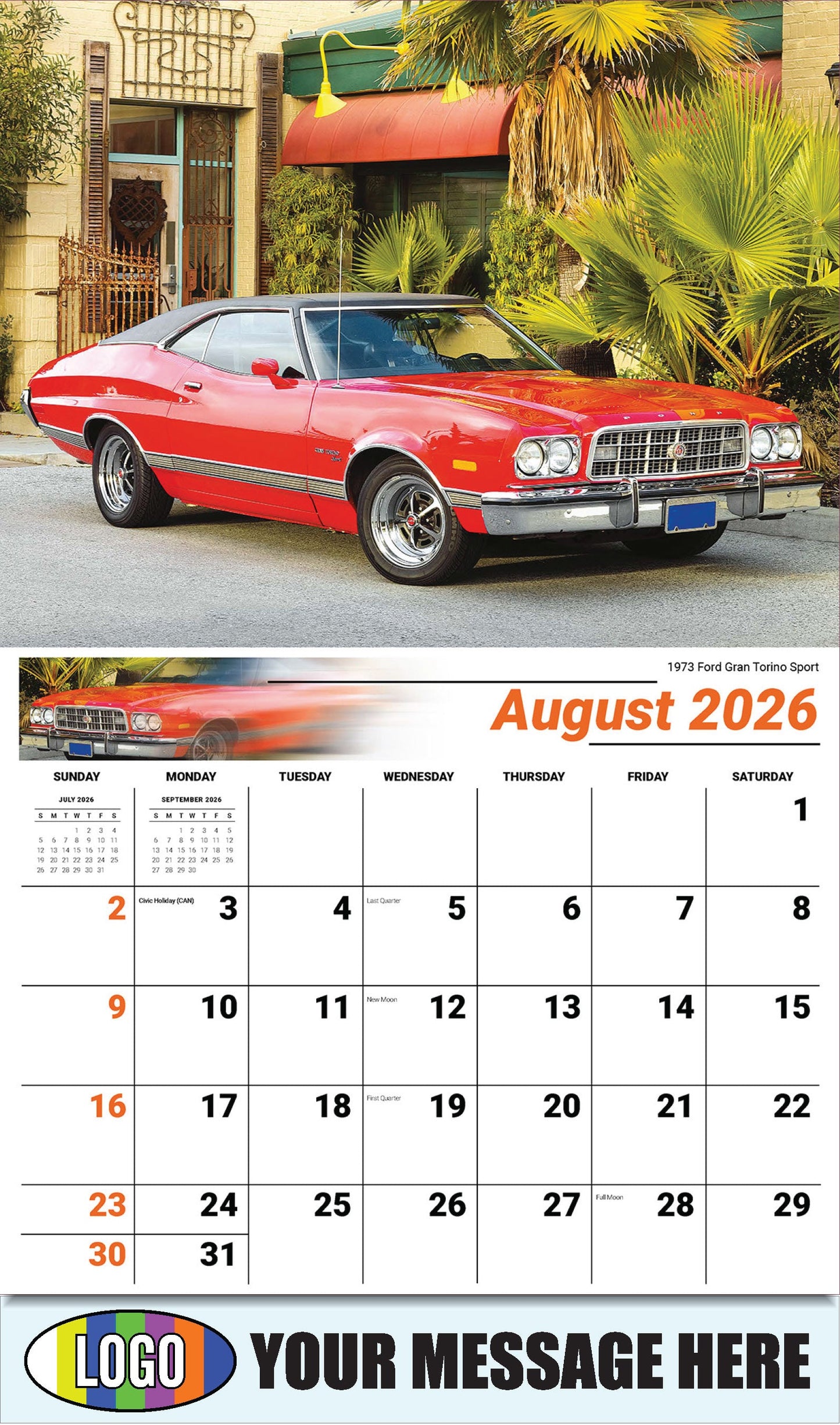 2026 Business Promo Calendar - Henry's Heritage FORD Cars - 1973 Ford Gran Torino Sport - August