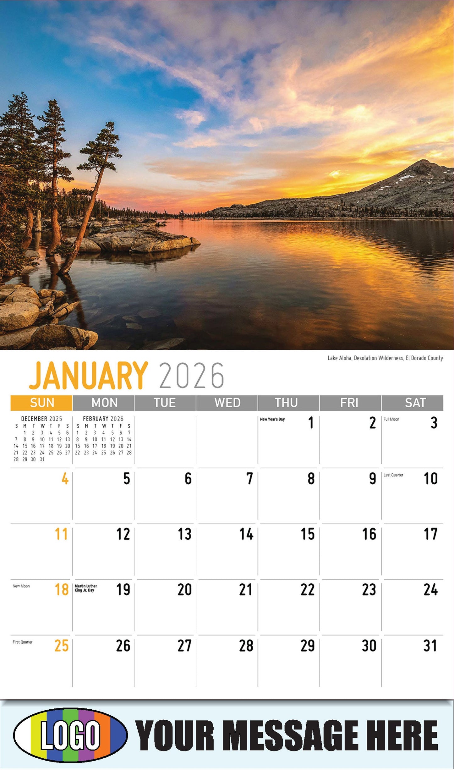 2026 Business Promotional Calendar - Scenes of California - Lake Aloha, Desolation Wilderness, El Dorado County - January