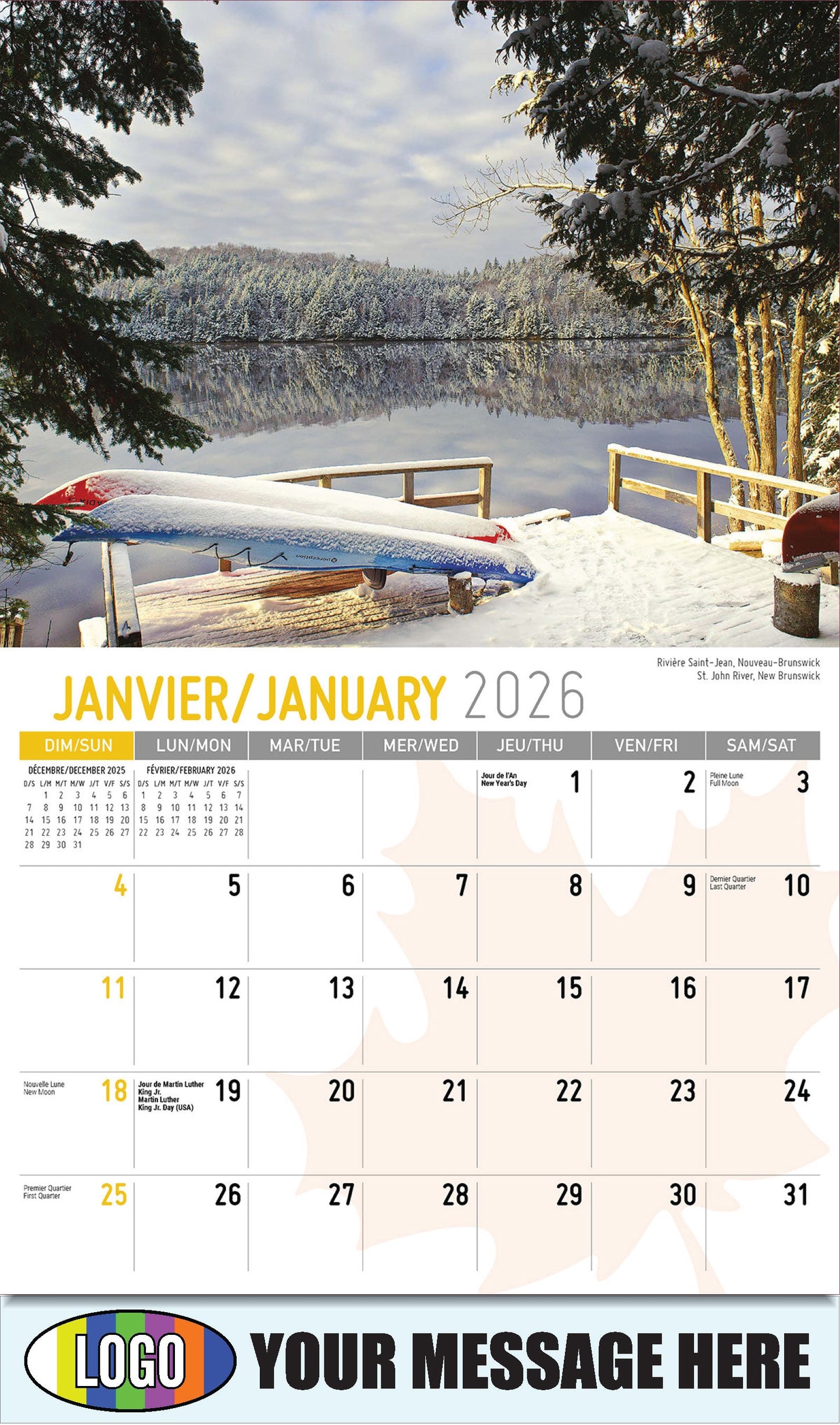 2026 Business Promotional Calendar - Scenes of Canada - Rivière Saint-Jean, Nouveau-Brunswick
- January