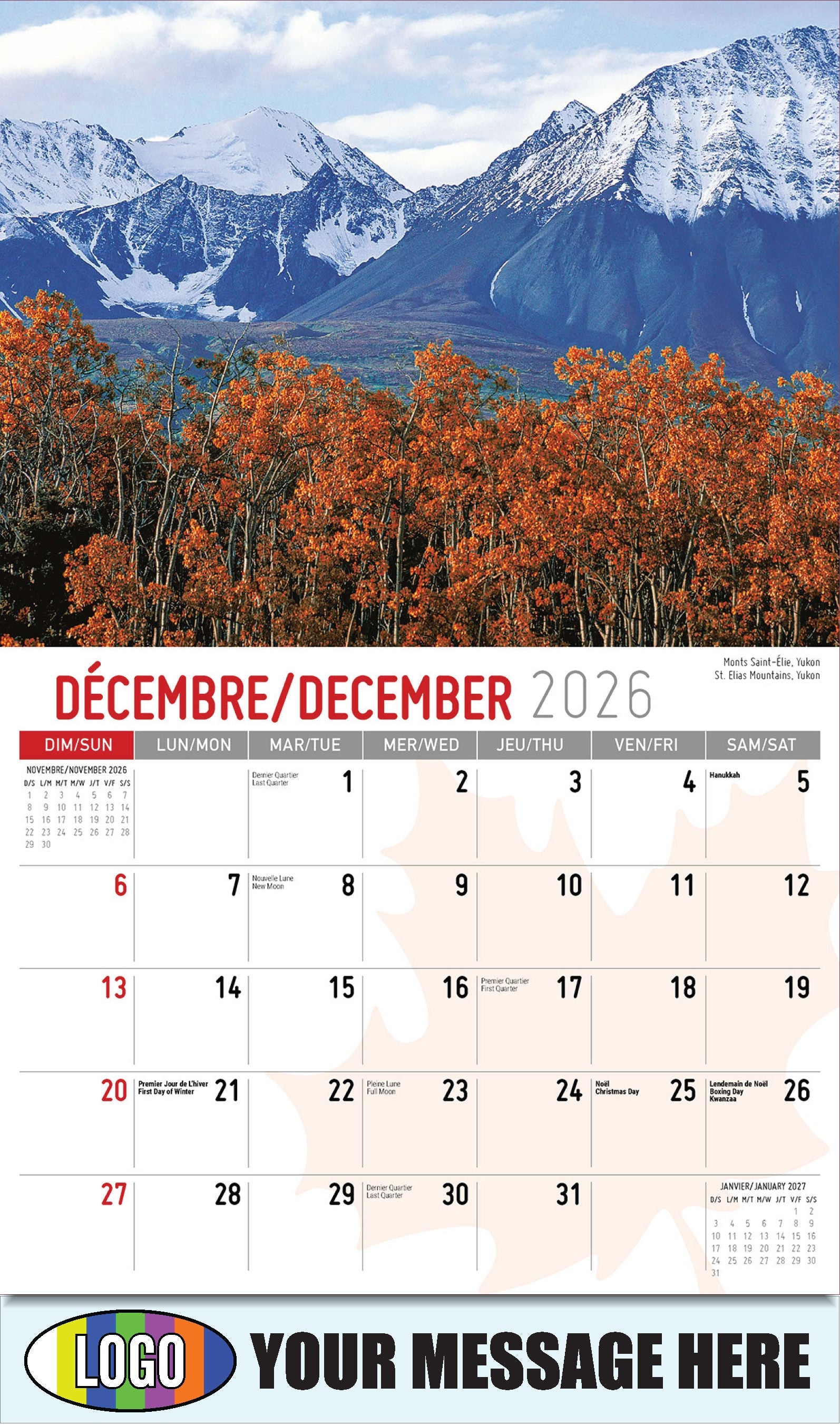 2026 Business Promotion Calendar - Scenes of Canada - Monts Saint-Élie, Yukon
 - December