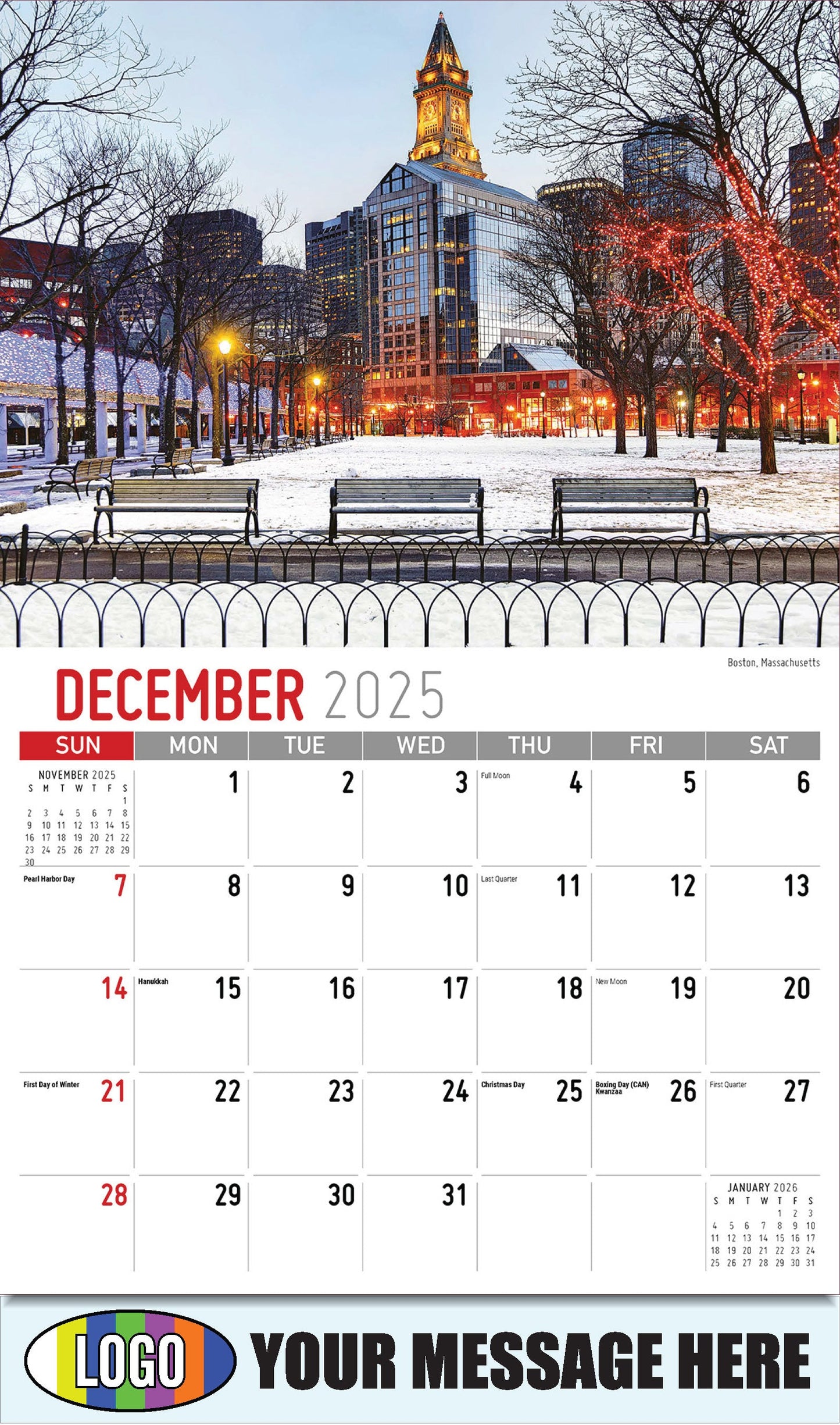 2026 Business Promotional Calendar - Scenes of New England - Boston, Massachusetts - December_a