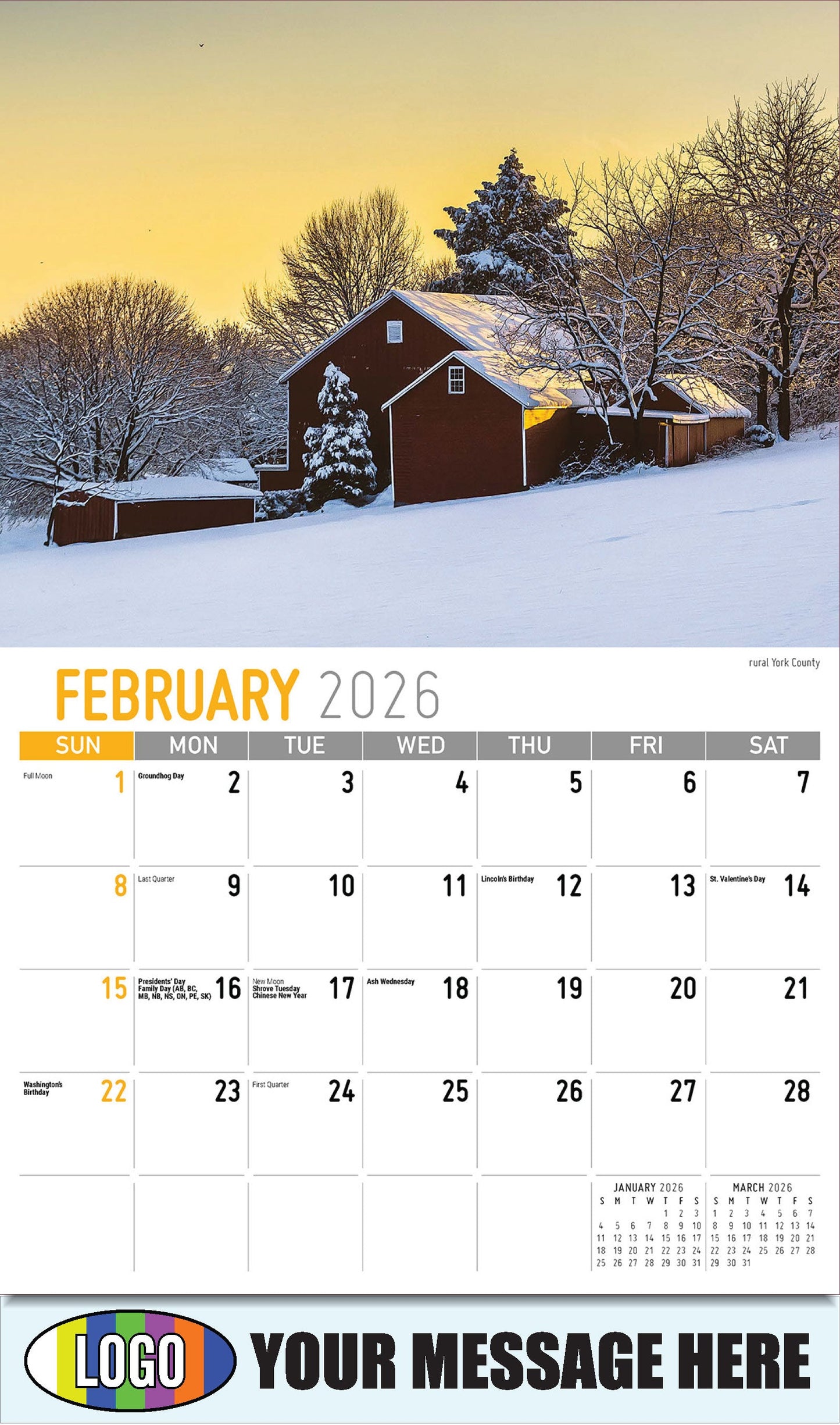 2026 Business Promotional Calendar - Scenes of Pennsylvania - rural York County - February