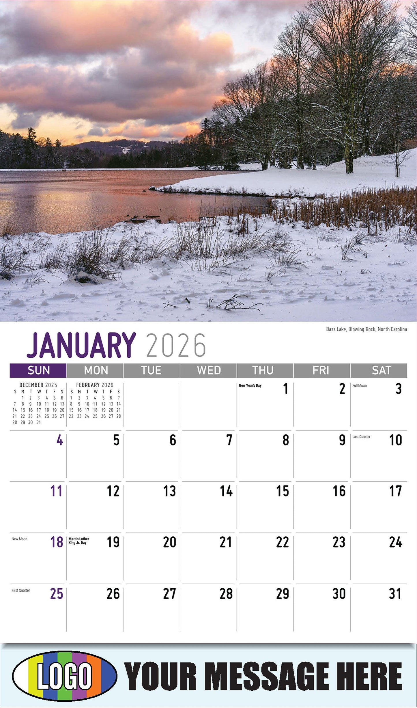 2026 Business Promotional Calendar - Scenes of Southeast USA - Bass Lake, Blowing Rock, North Carolina - January