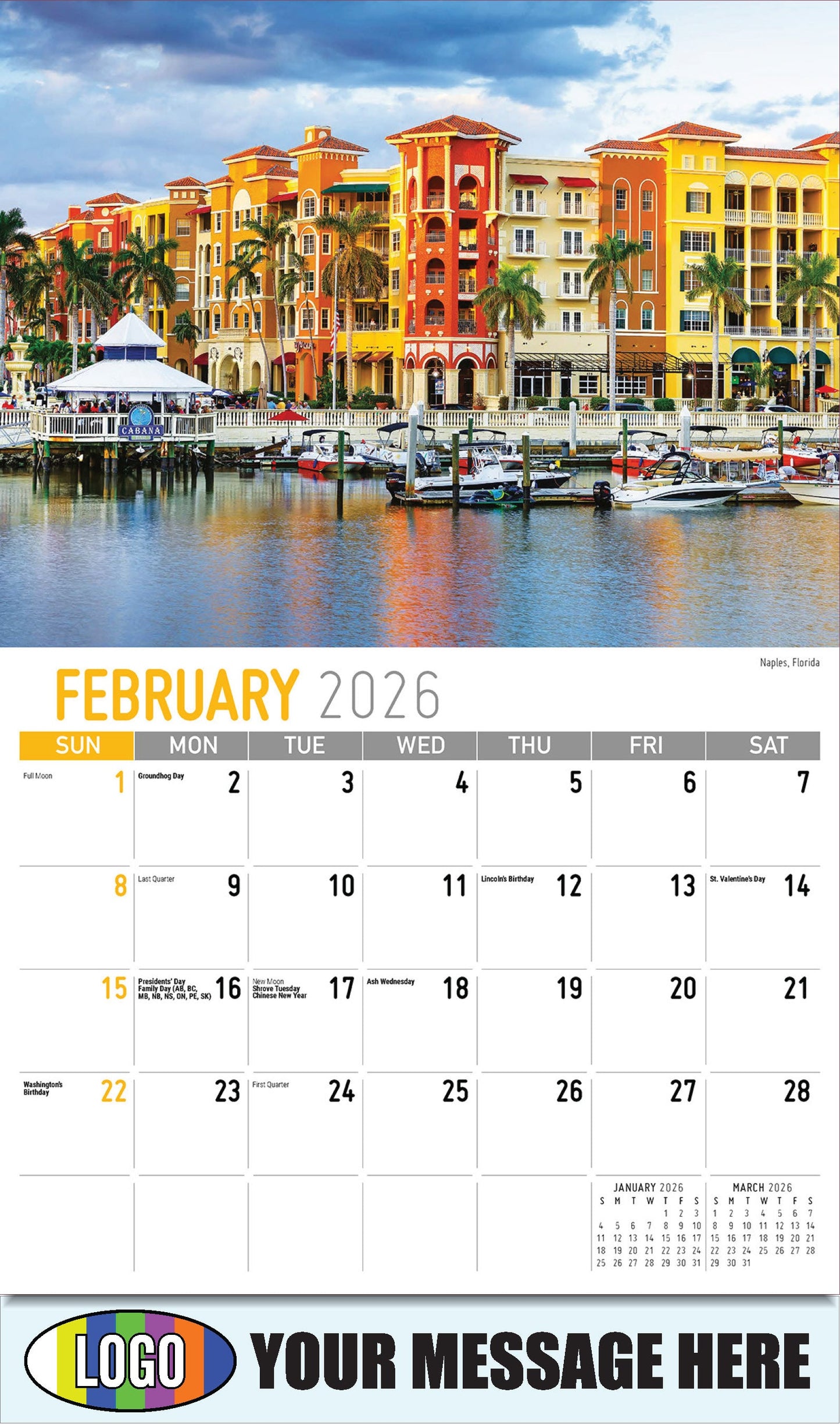 2026 Business Promotional Calendar - Scenes of Southeast USA - Naples, Florida - February