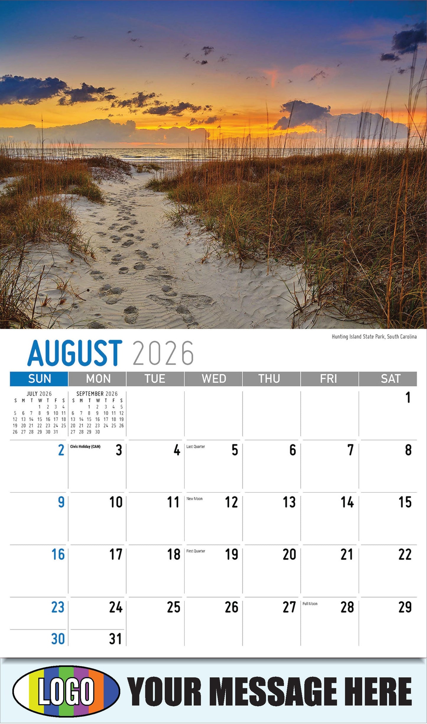 2026 Business Promo Calendar - Scenes of Southeast USA - Hunting Island State Park, South Carolina - August