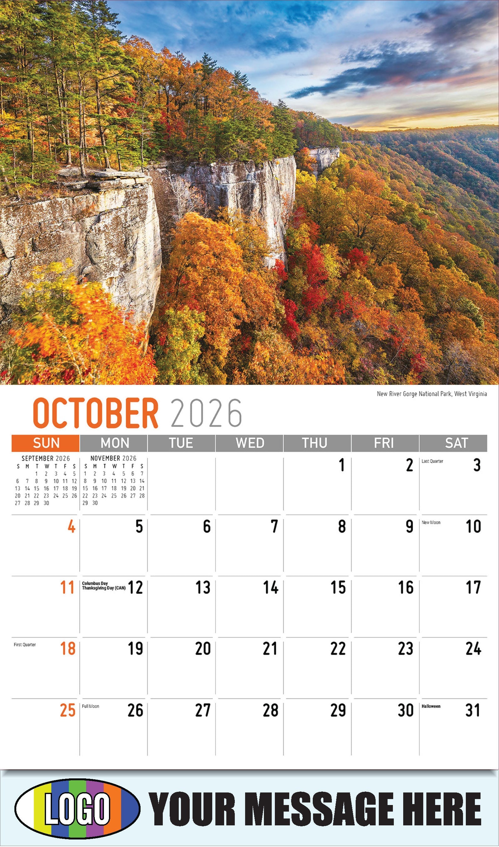 2026 Business Promotion Calendar - Scenes of Southeast USA - 
New River Gorge National Park, West Virginia  - October