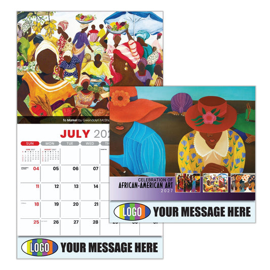 Calendar with artistic depiction of people and customizable text area, featuring the month of July.