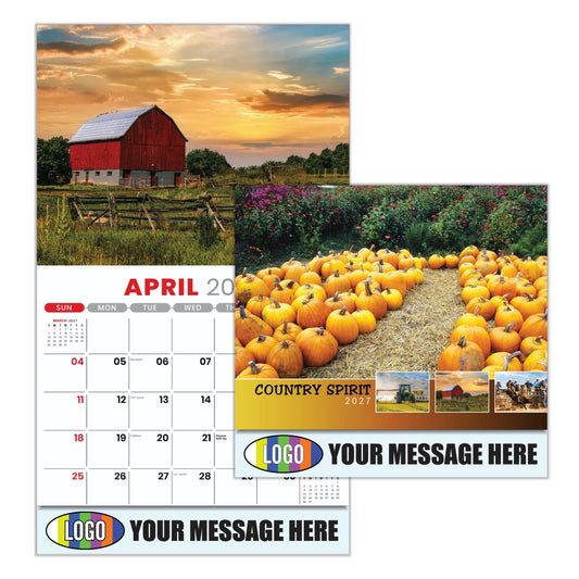Calendar with a red barn and pumpkin patch design, featuring customizable text areas.