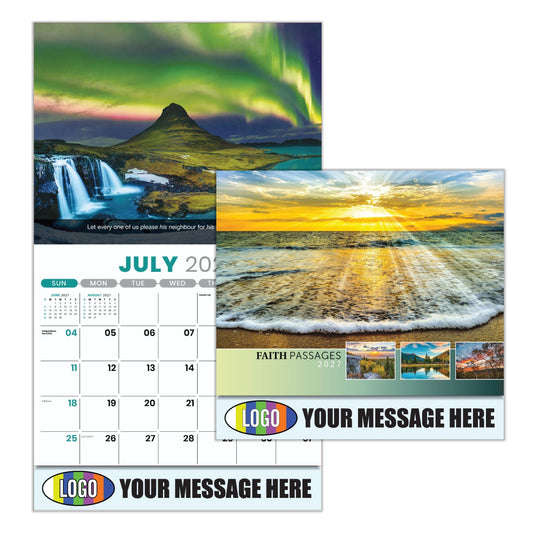Calendar with scenic images of a waterfall and aurora borealis, featuring Biblical passages, and customizable text and logos.