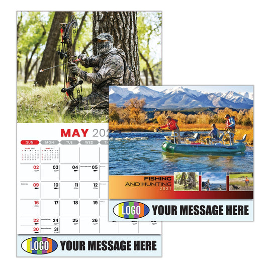 Business Promotional Calendar with hunting and fishing theme featuring a man with a bow and arrow and people on a boat.