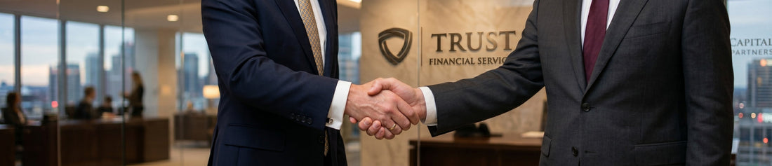 Two business individuals shaking hands in the office of a financial services firm.
