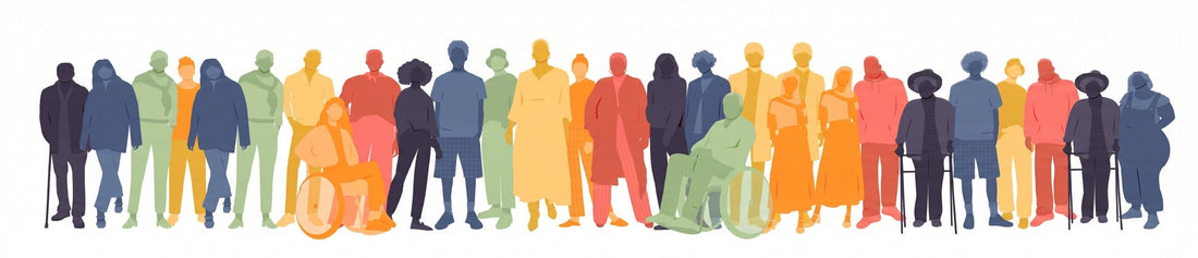  A wide illustration of a diverse group of people silhouettes standing side-by-side in a long line.