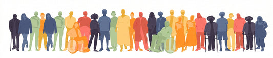  A wide illustration of a diverse group of people silhouettes standing side-by-side in a long line.