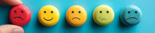  A row of five colored spheres with different facial expressions resting on a blue surface, with a hand adjusting a red sphere showing a sad face.