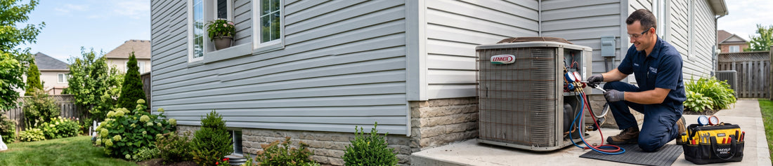 Alt Text: An HVAC technician kneeling outside a house servicing an air conditioning unit.