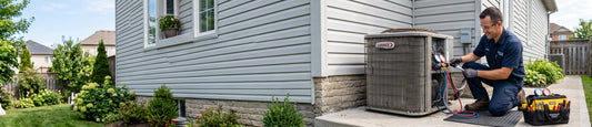 Alt Text: An HVAC technician kneeling outside a house servicing an air conditioning unit.