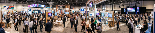 Panoramic view of a trade show event.