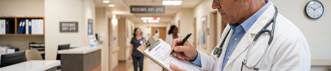 A doctor in a hospital with a stethoscope, writing on a clipboard with an intake form.