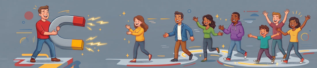 An illustration of a man holding a magnet, attracting customer loyalty.