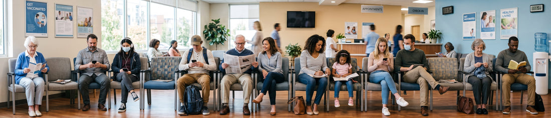 A group of people seated side by side in a reception waiting room.