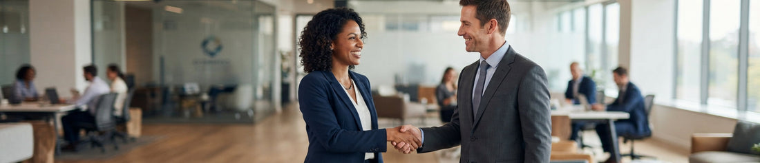 Two business professionals shaking hands and smiling in a corporate office.