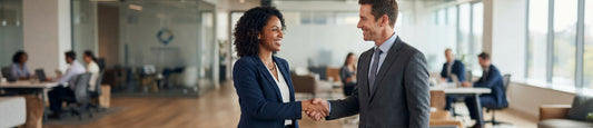 Two business professionals shaking hands and smiling in a corporate office.