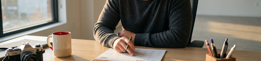 A person working on a planner at their desk, fully focused.