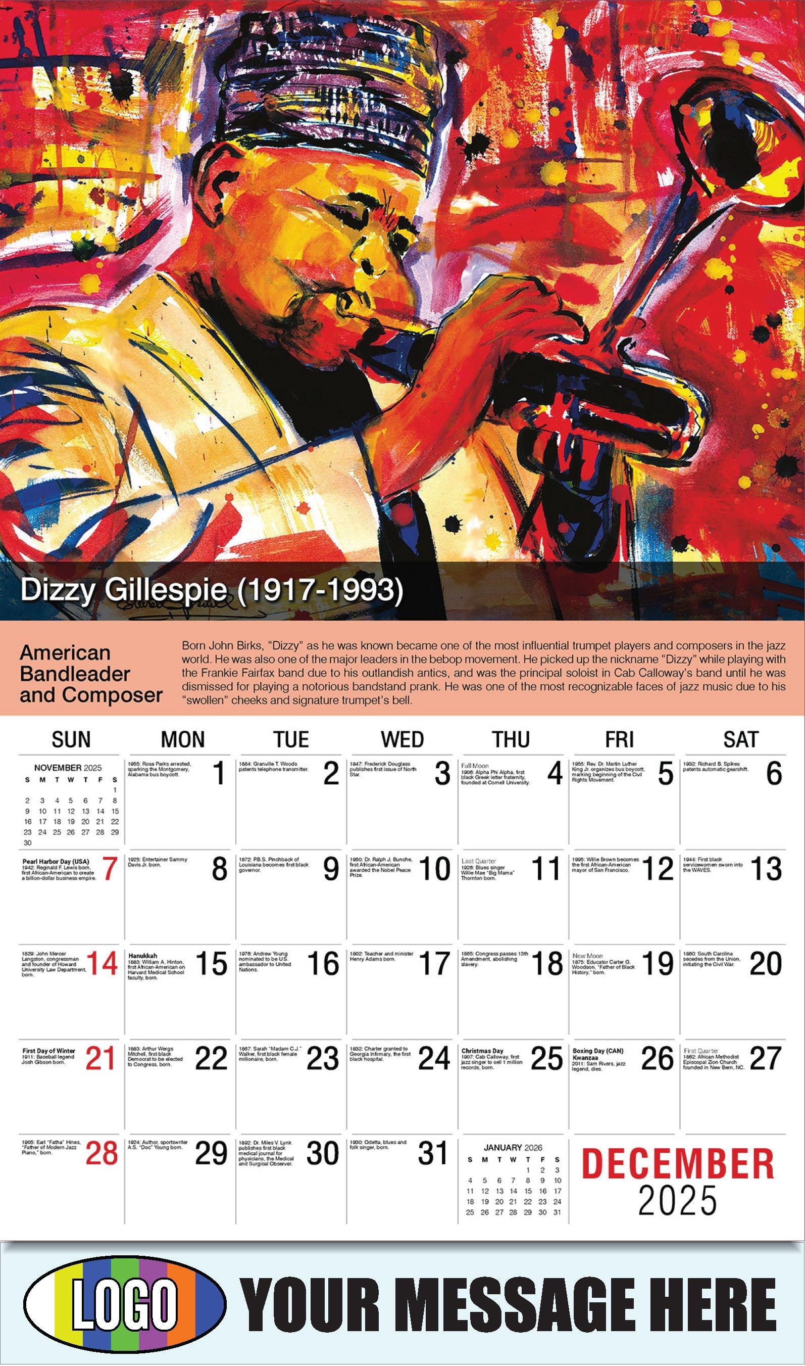 2026 Business Promotional Calendar - Black History - Dizzy Gillespie by Everett Spruill - December_a