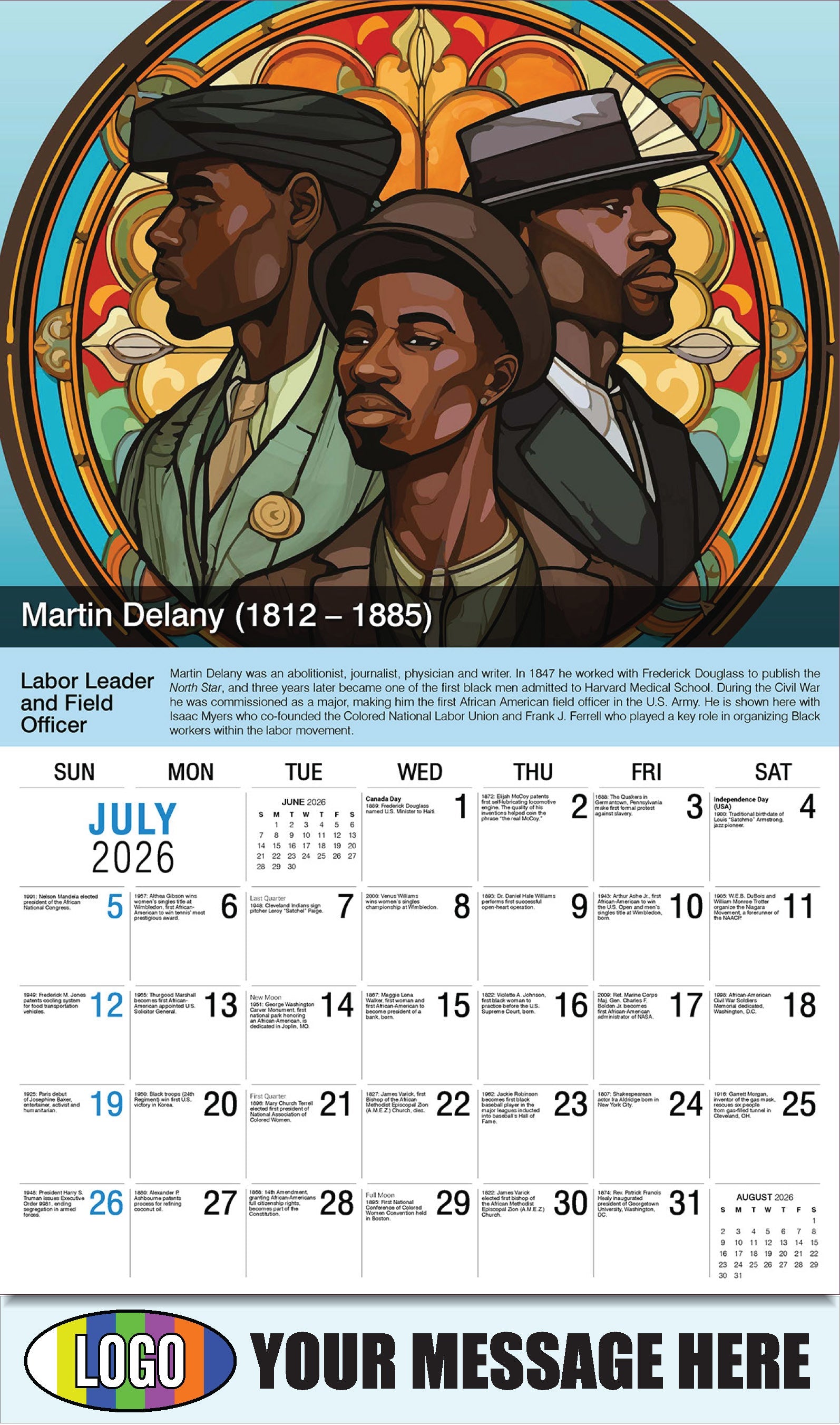 2026 Business Promo Calendar - Black History - Isaac Myers, Martin Delany, Frank Ferrell by Happy Sloth - July