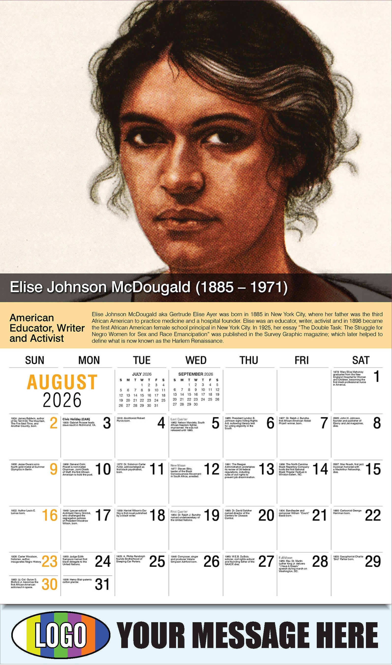 2026 Business Promo Calendar - Black History - Elise Johnson McDougald by Winold Reiss - August