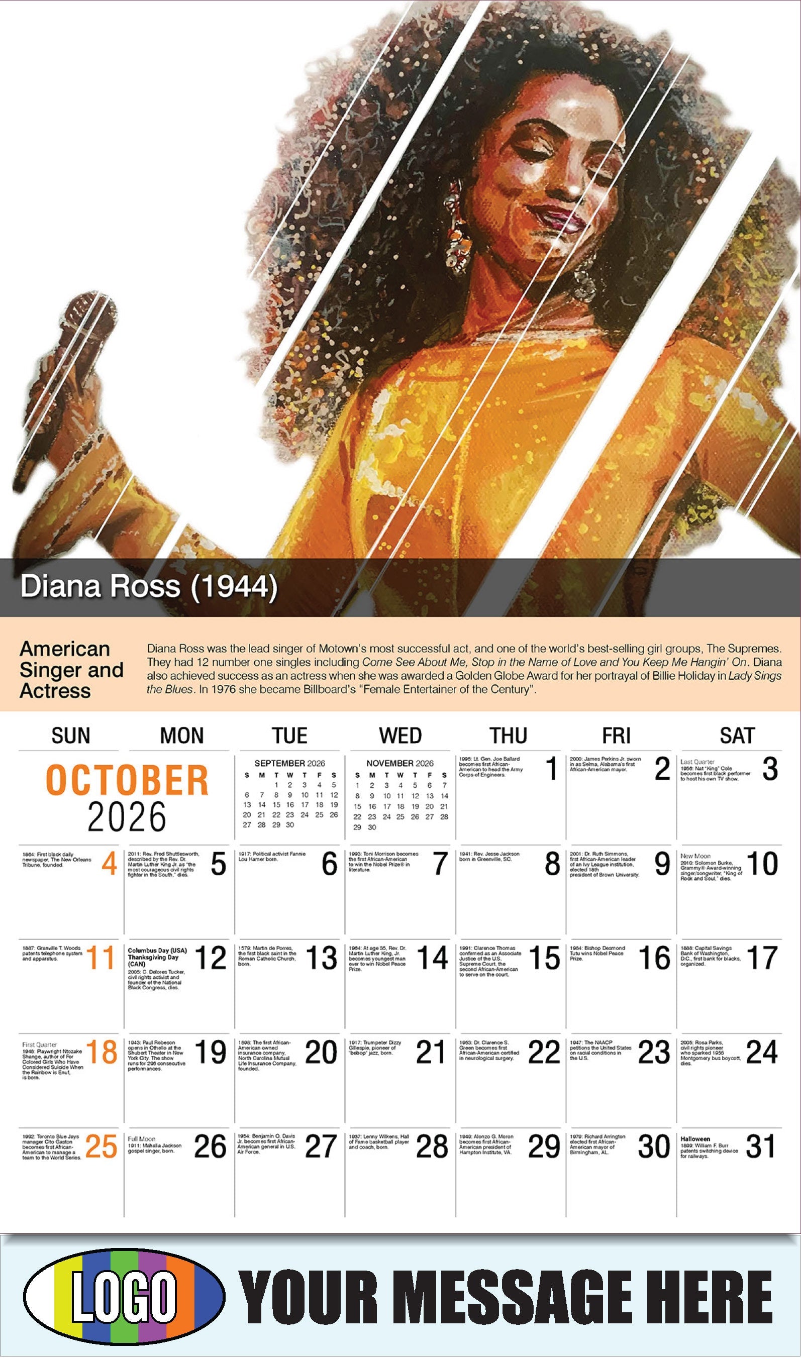 2026 Business Promotion Calendar - Black History - Diana Ross by Joel Tesch - October