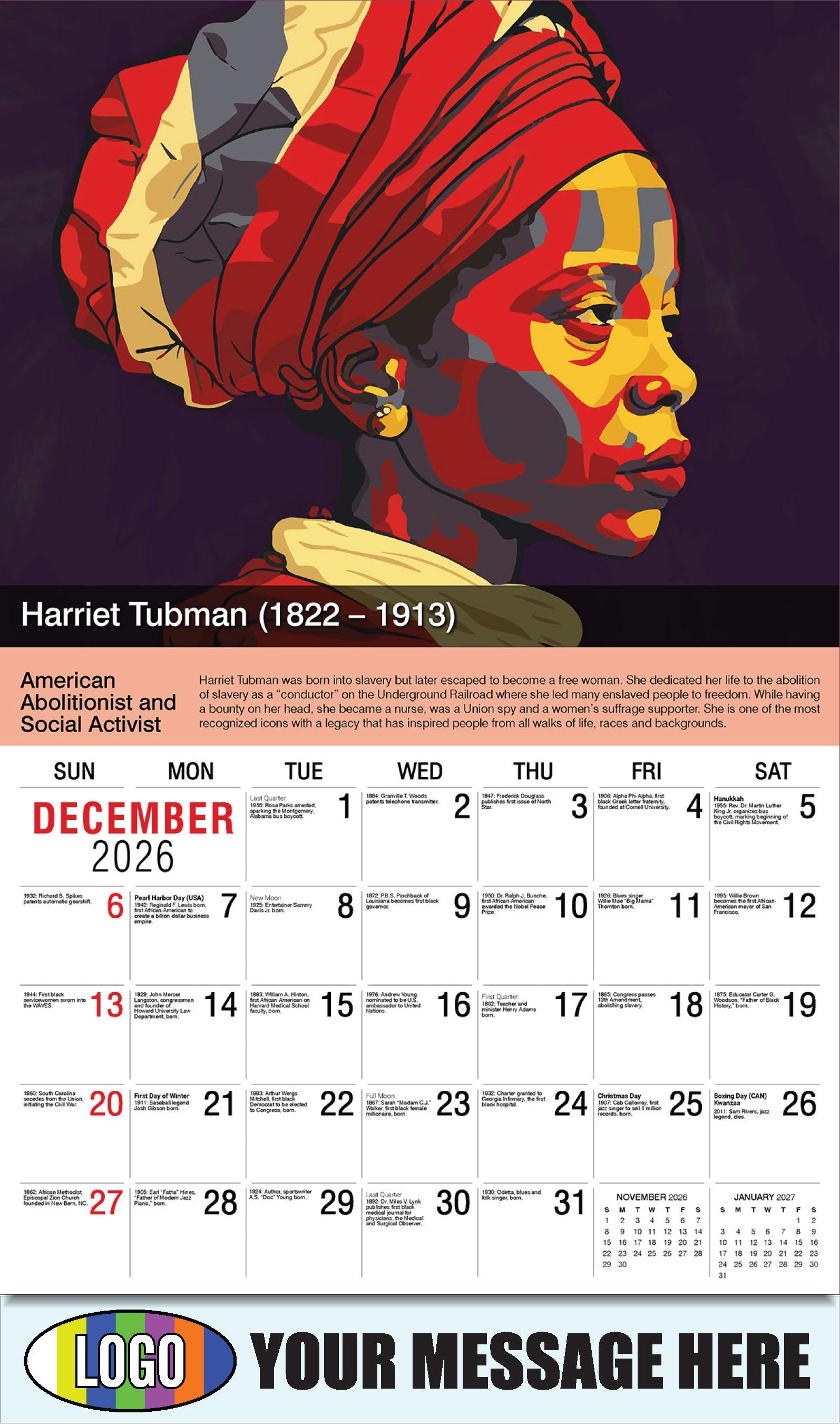 2026 Business Promotion Calendar - Black History - Harriet Tubman by Happy Sloth - December